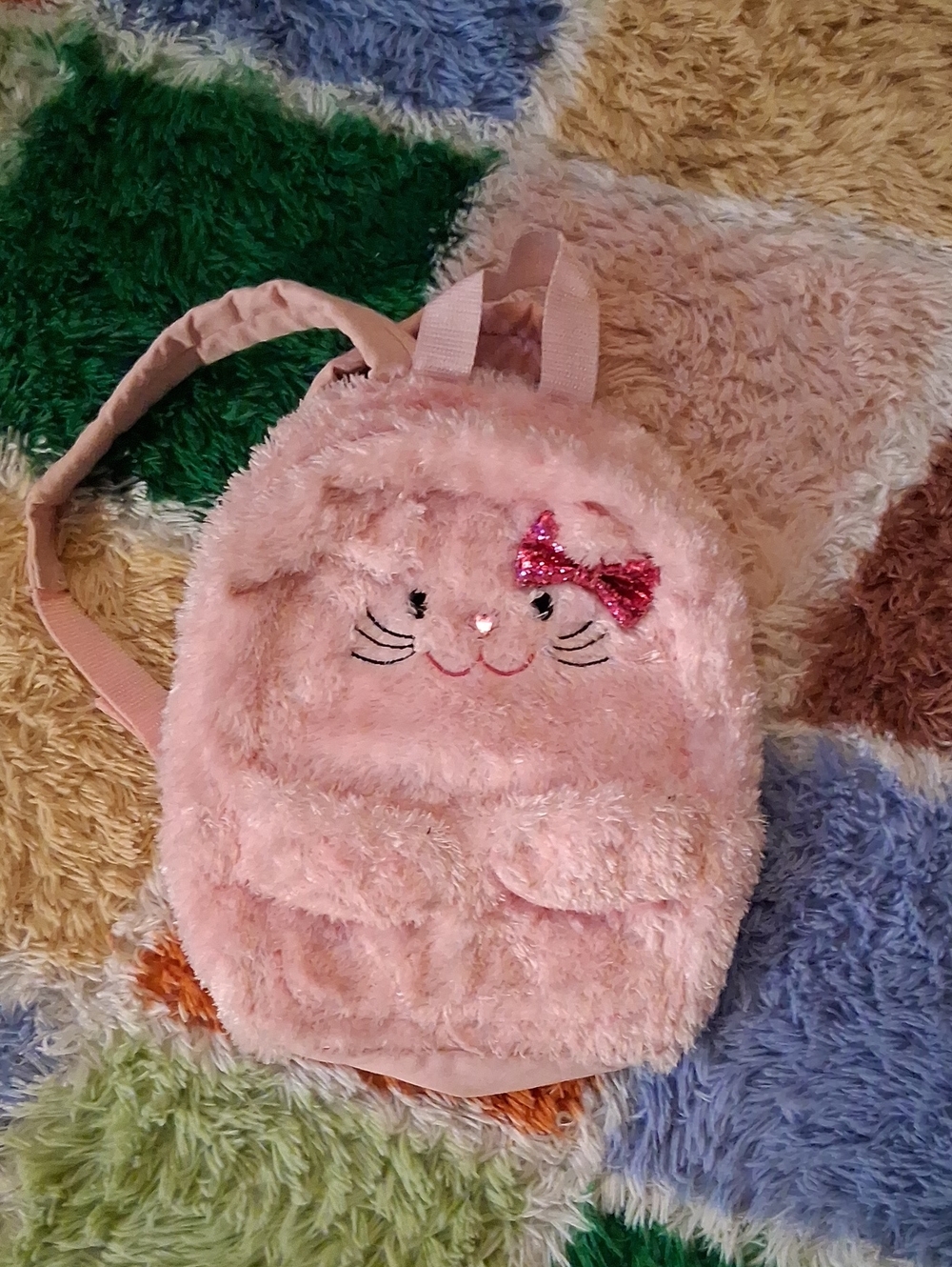 Claire's Pink Fuzzy Cat Backpack with Sequin Bow